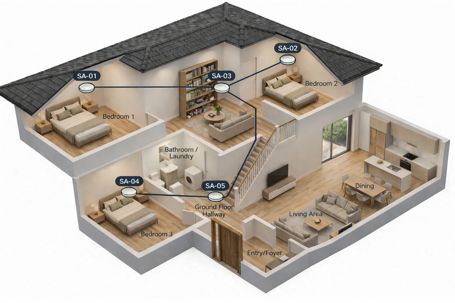 Queensland smoke alarm placement guide showing required locations in a two-storey home