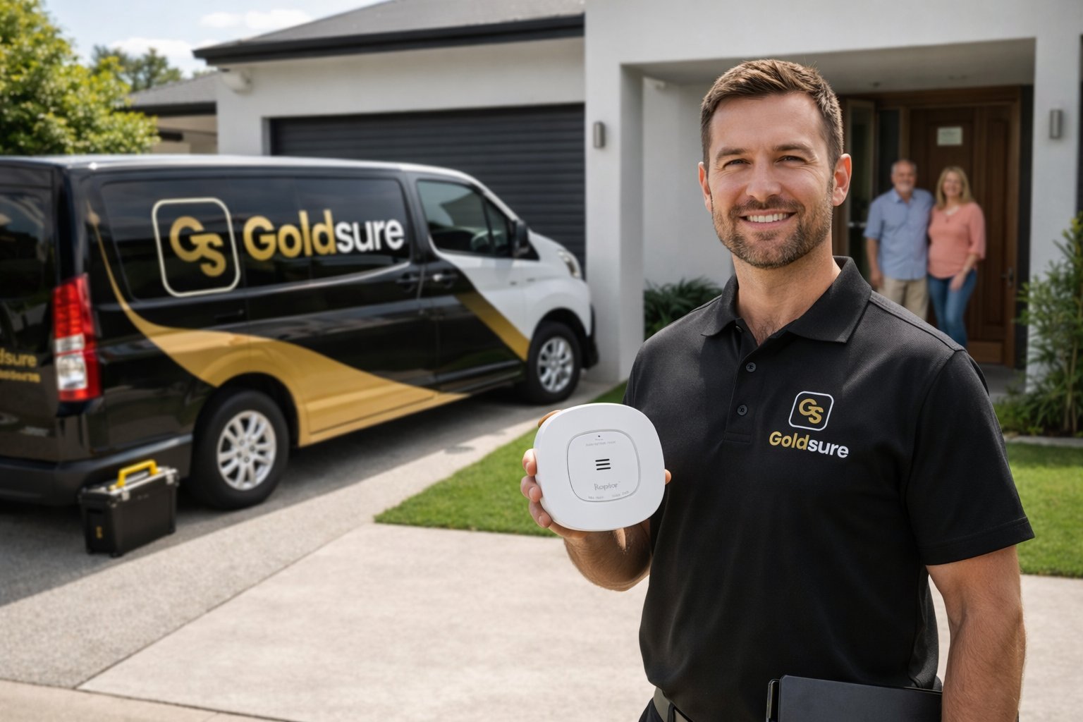 Goldsure licensed electrician holding Raptor smoke alarm outside Queensland home